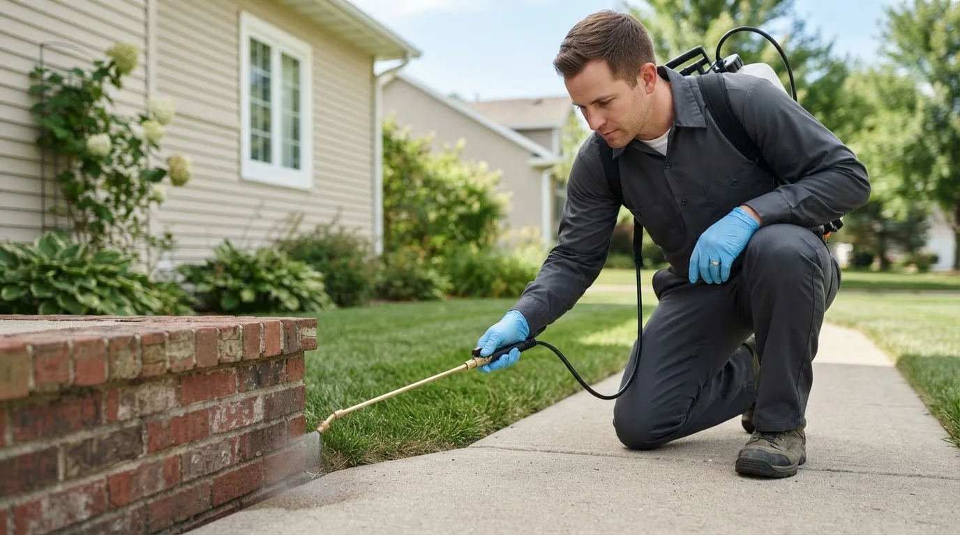 Pest control technician treating a home near Spencerport, NY