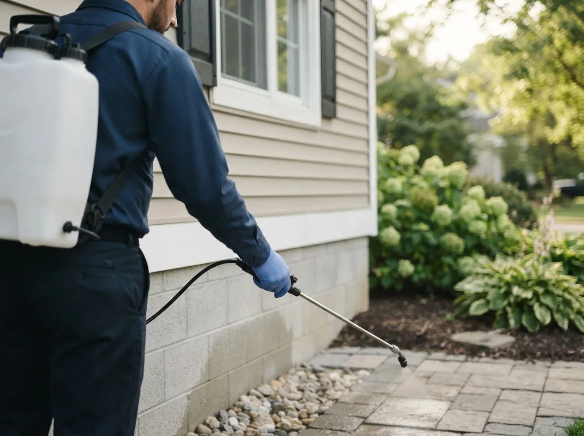 Pest control technician inspecting a home in Spencerport, NY